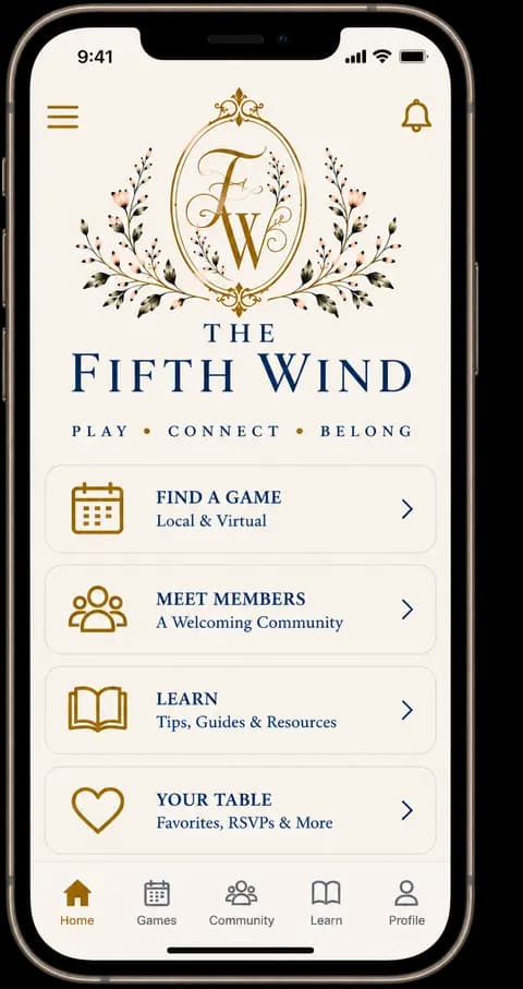 The Fifth Wind app, showing its home screen: find a game, meet members, learn, and your table.